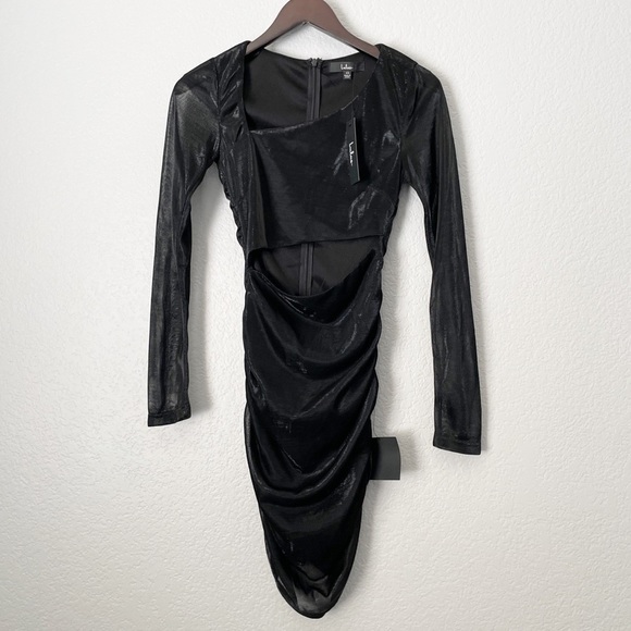 NWT LULU’S Black Metallic Cutout Long Sleeve Ruched Mini Dress X-Small - Picture 1 of 8